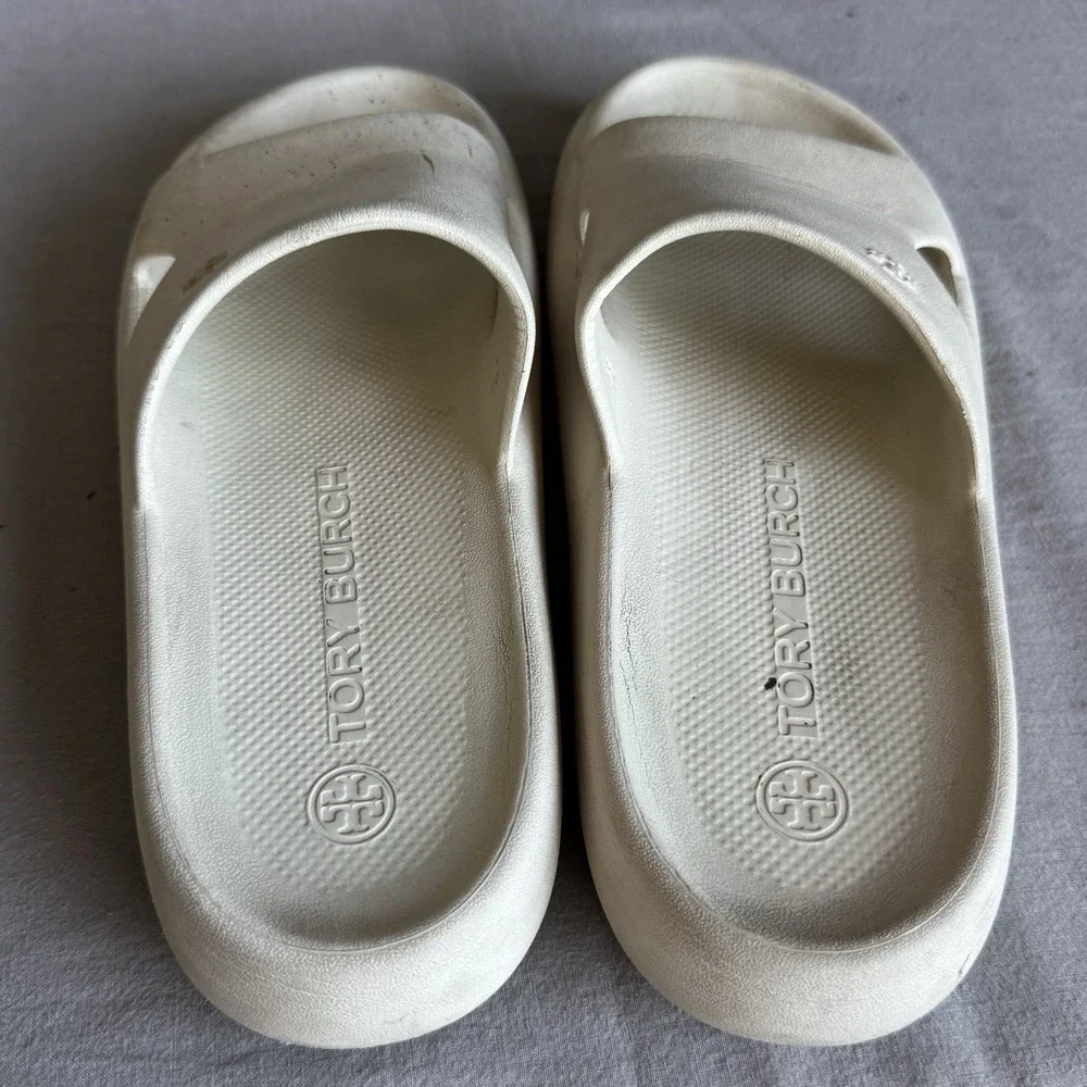 Size 7b - Tory Burch Women's Beige Shower Slide Sandals Slip-On Pool Logo Shoes